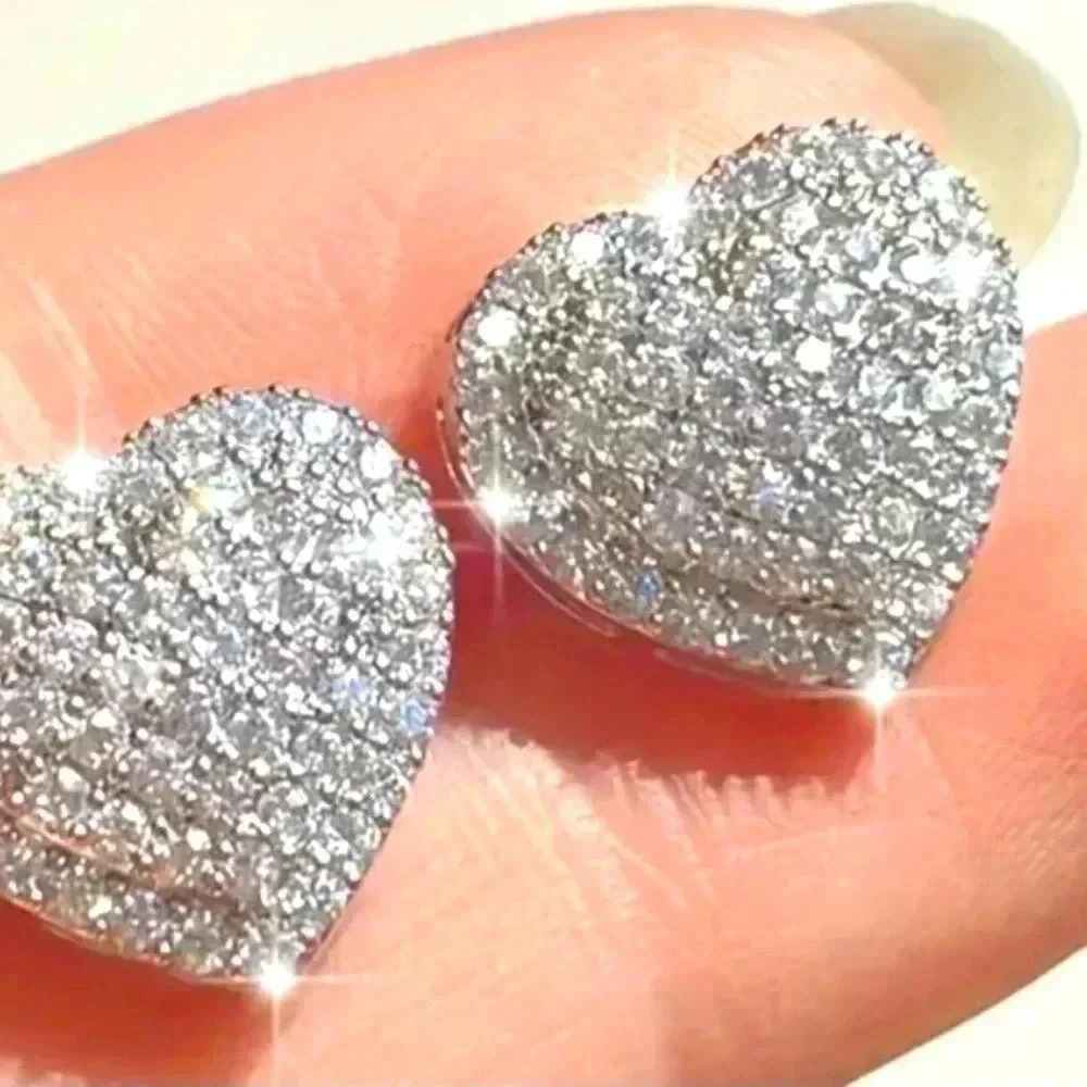 Silver Heart Shaped Earrings CZ Studs Iced Screw Backs